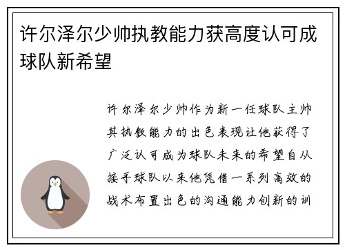 许尔泽尔少帅执教能力获高度认可成球队新希望